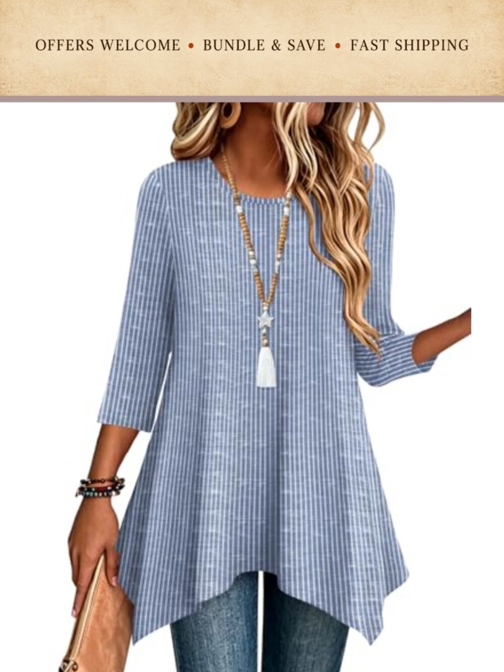 Womens 3/4 Sleeve Tunic Top Loose Fit Asymmetrical Hem Crew Neck Dressy
